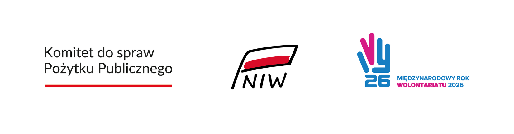 Logotypy: Komitet do spraw Pożytku Publicznego, Narodowy Instytut Wolności (NIW), Międzynarodowy Rok Wolontariatu 2026
